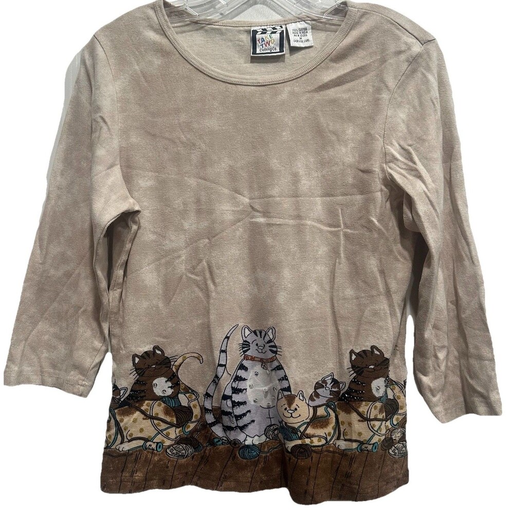 Vintage Take Two Cat Medium Women 3/4 Sleeve Blouse Teacher Novelty Grandma